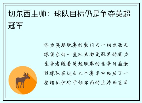 切尔西主帅：球队目标仍是争夺英超冠军